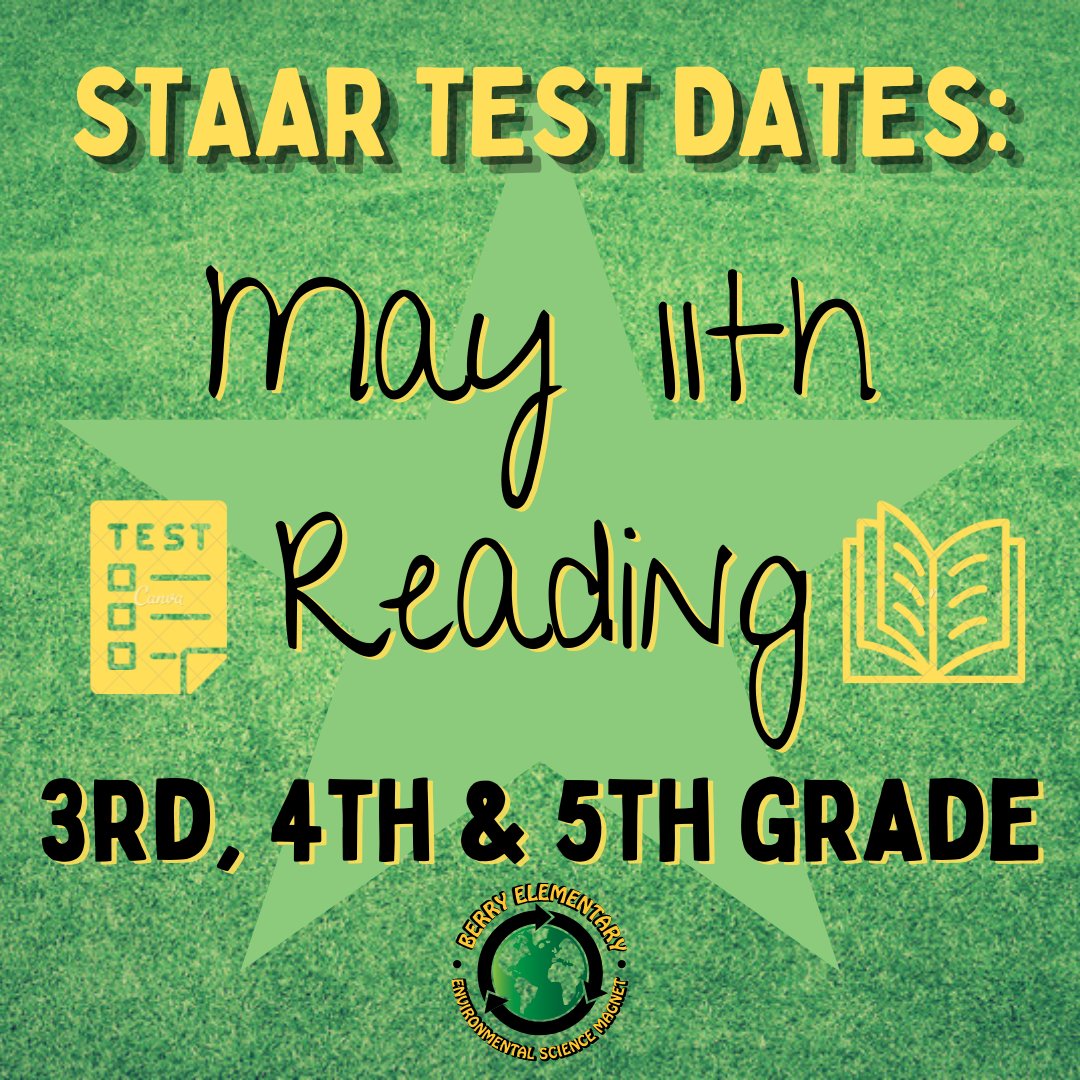 JamesBerryHISD's tweet photo. Just 2 weeks away! Important dates for STAAR testing.
Solo faltan 2 semanas! Fechas importantes para la prueba STAAR. #BerryBees #CultivatingWinners https://t.co/4HtidSItCI
