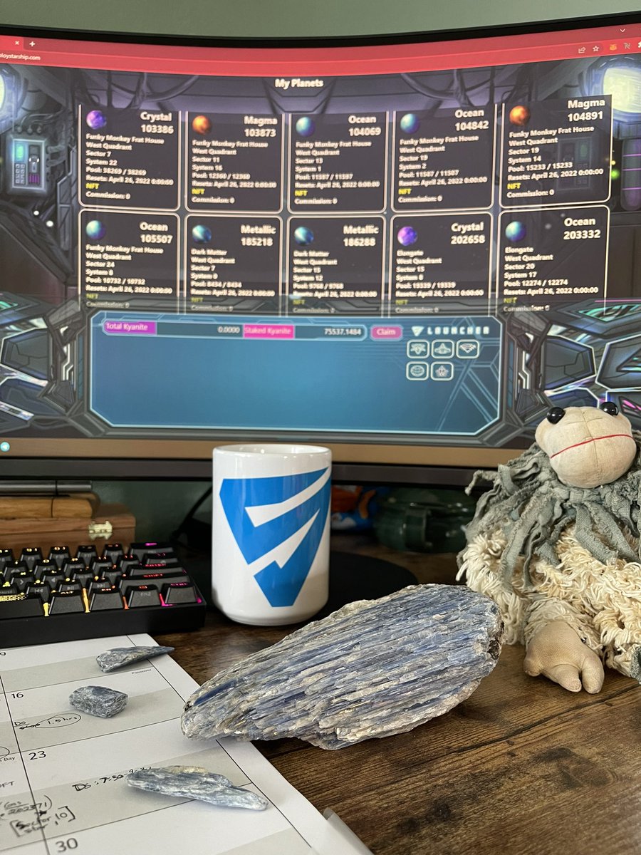 shootypewpew's tweet photo. Guys, I think I’m mining Kyanite a little TOO hard…Think I can sell these chunks on AH? 🤣🤘🏻🔥🚀🪐🛸🛰👾 @DeployStarship #PlayToEarn #Play2Donate @elongateog (lower right screen EG planets 😉) https://t.co/lWQeLyRreM