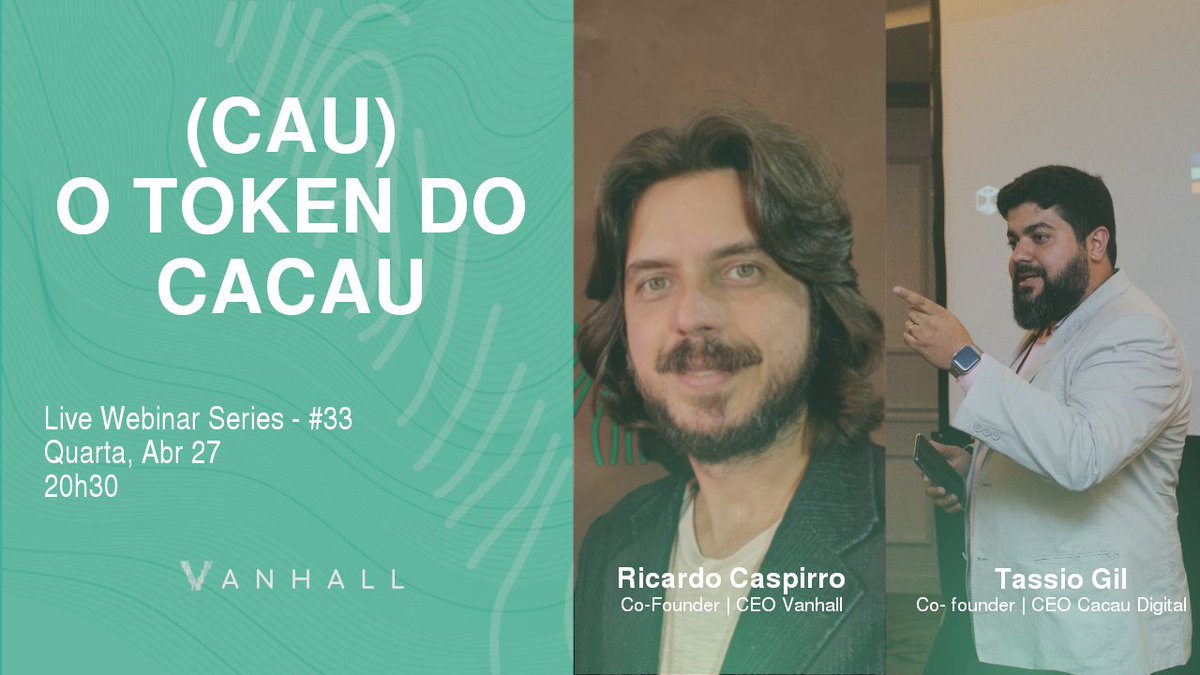 Junte-se a nós para uma live na 4f(27/04) às 20h30 com <a href="/ricardocaspirro/">Ricardo Caspirro</a> | CEO @Vanhallpay e Tássio Gil
 | CEO Cacau Digital
Como o utility token(CAU) irá beneficiar a comunidade através da tokenização de ativo(cacau).
Ytube : bit.ly/3KagOOR
#token #stablecoin #vanhall