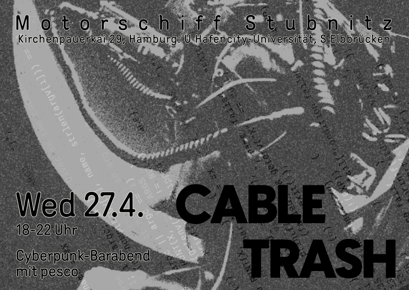 : spontaneous reboot :

    cyberpunk barabend mit <a href="/paskow/">pesco@chaos.social</a>. hack the planet!

    as always: bring your hacker toys.
    strom und internet vorhanden.
    lötkolben auf nachfrage.

    18:00 doors open
    19:00 mucke mucke mucke
    22:00 last round
    : free entry : // 2g+