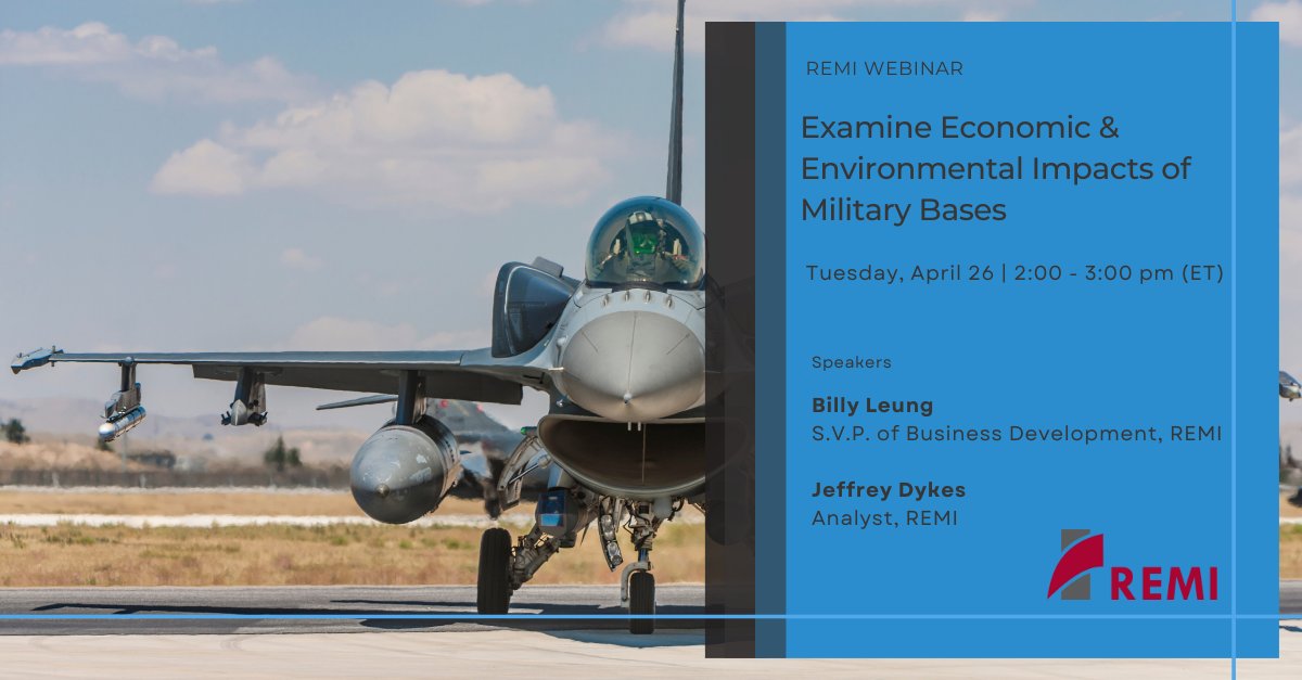 Last chance to register for our webinar tomorrow, “Examine Economic &amp; Environmental Impacts of Military Bases.” With a greenhouse gas reduction target by 2023, the Department of Defense has plans to replace fossil-fueled vehicles by 2035.

Register: remi.com/event/examine-…