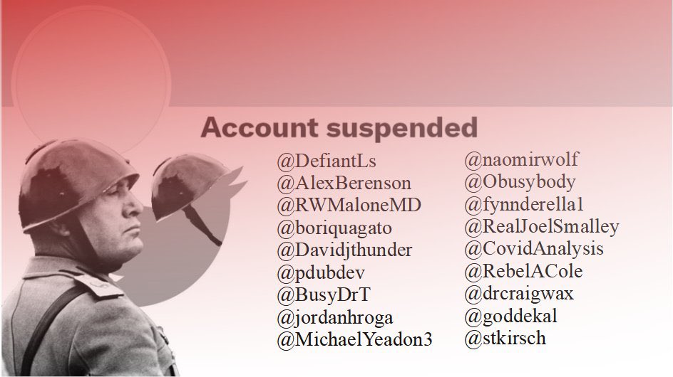Hey <a href="/elonmusk/">Elon Musk</a> - here is a quick list of my colleagues who were kicked off of Twitter for expressing their opinions on Covid-19 and displaying wrongthink.