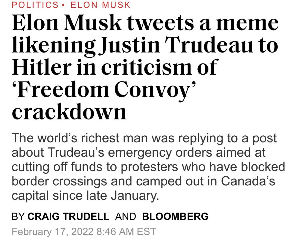 So glad the space crypto-bro billionaire that cheered on people trying to overthrow the government of Canada this winter will be in charge of Twitter. Amazing development for democracy. 😐