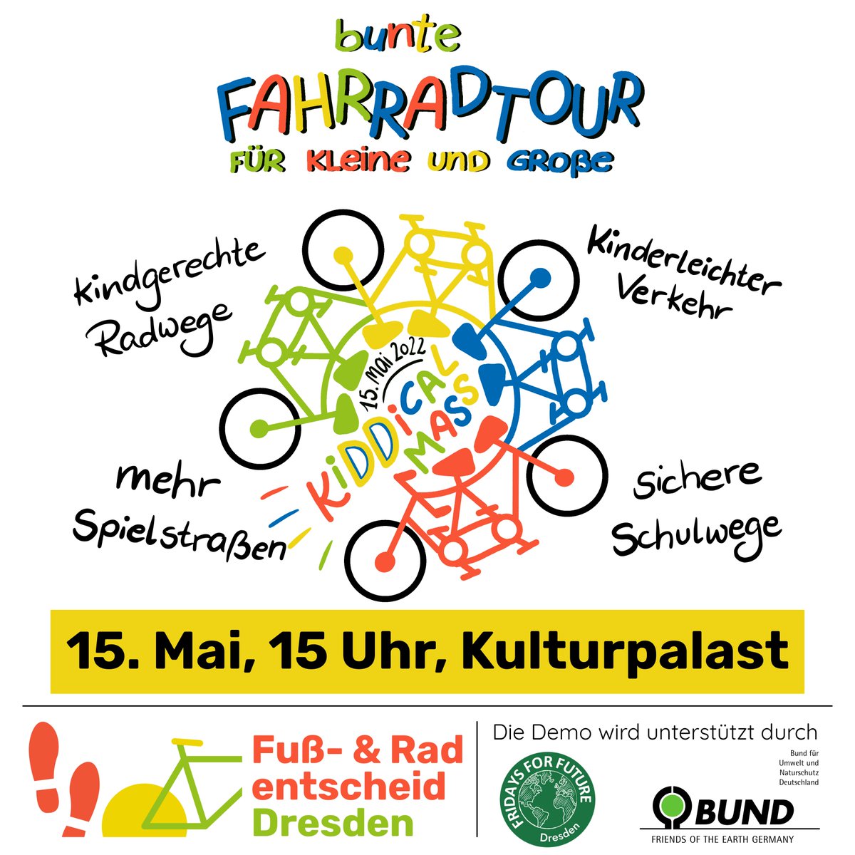 FuRe_DD's tweet photo. Zum bundesweiten Aktionswochenende organisiert von  @KinderaufsRad fahren wir am 📅15.05. gemeinsam mit über 180 Städten eine #KidicalMass in Dresden für kinderfreundliche Städte. 
🚲 https://t.co/MZjkZvD2S3