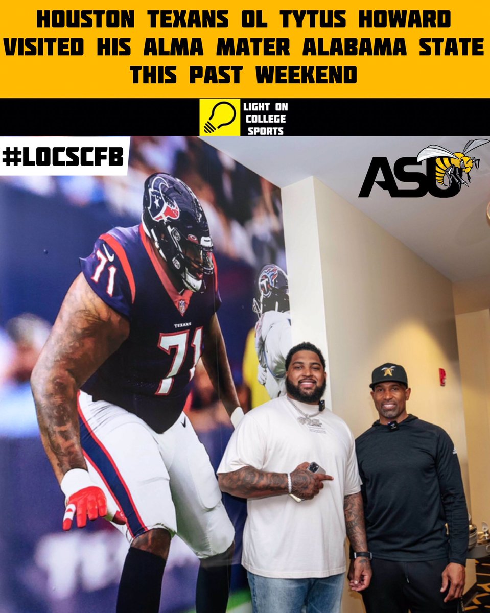 LightOnSports's tweet photo. Houston Texans OL Tytus Howard Visited His Alma Mater Alabama State This Past Weekend. 🔥🐝 #LOCSCFB #MYASU 
(📸: @tyhoward71 @BamaStateFB @erob50 ) https://t.co/TRBfpZDuio