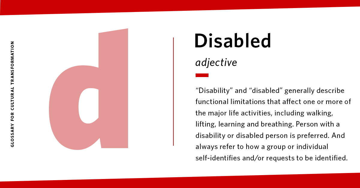 Each week we share one term from @The_BMC's Glossary for Cultural Transformation in the hopes of strengthening our community with inclusive language, critical thinking, and equitable policies. The #WordOfTheWeek is: Disabled Learn more here: bmc.org/glossary-cultu…
