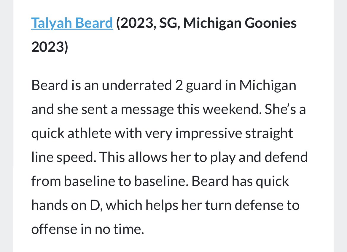 MichiganGoonies's tweet photo. @talyahbeard “she’s a quick athlete with very impressive straight line speed” 🏴‍☠️🖤 #GoonieNation @PGHMichigan https://t.co/1bgvJANiWo