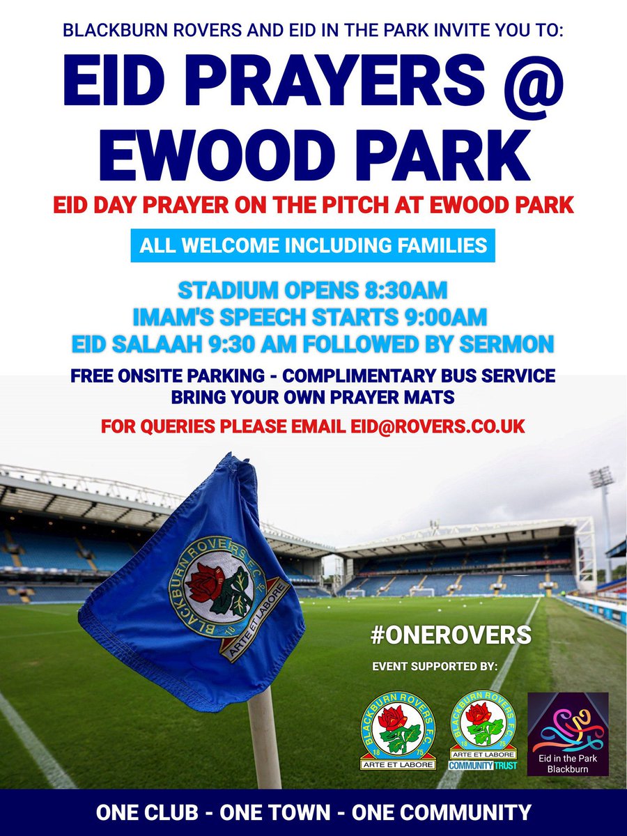 🚨 Blackburn Rovers akan menjadi klub sepak bola pertama yang menyelenggarakan sholat Idul Fitri di stadion mereka, Ewood Park.

Respect!🙏🤝