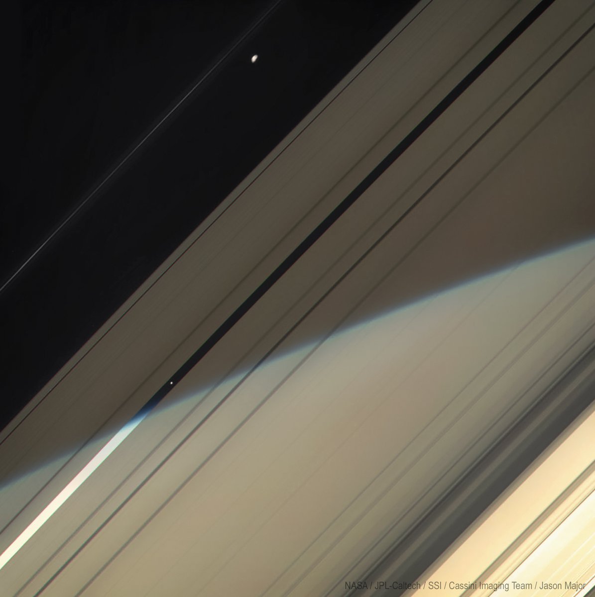 Saturn's moons Prometheus (top) and Pan (lower left of center) orbiting Saturn inside the ring plane, imaged by NASA's Cassini spacecraft on April 25, 2008 #OTD. Saturn's sunlit side can be seen in the background at the bottom through the rings. 🪐
