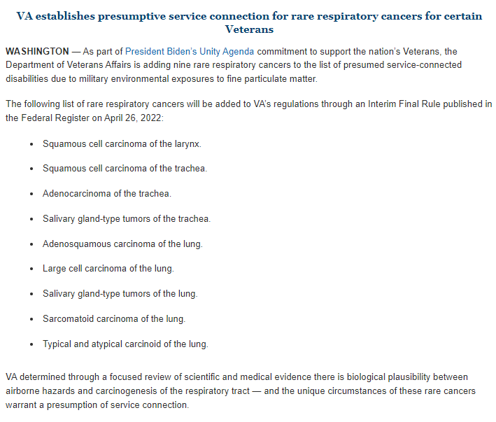 LeoShane's tweet photo. Happening this morning: @DeptVetAffairs adds nine respiratory cancers to the list of #burnpit presumptive illnesses. Will begin processing these claims immediately, more details to come soon. https://t.co/c4jDdcQT9D