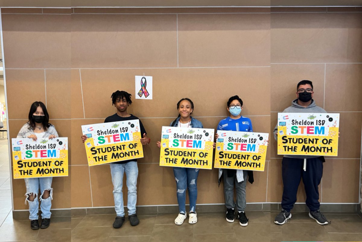 Mrs_Philip14's tweet photo. Congratulations to our STEM students of the month! 6th grade Samantha B., 7th grade Danna S., 8th grade Eduardo G., student choice Cedric C., and AVID Antonio C. We are proud of you! #SheldonSTEM @SuperStallions @SheldonSTEM https://t.co/QT5nLKJtBP