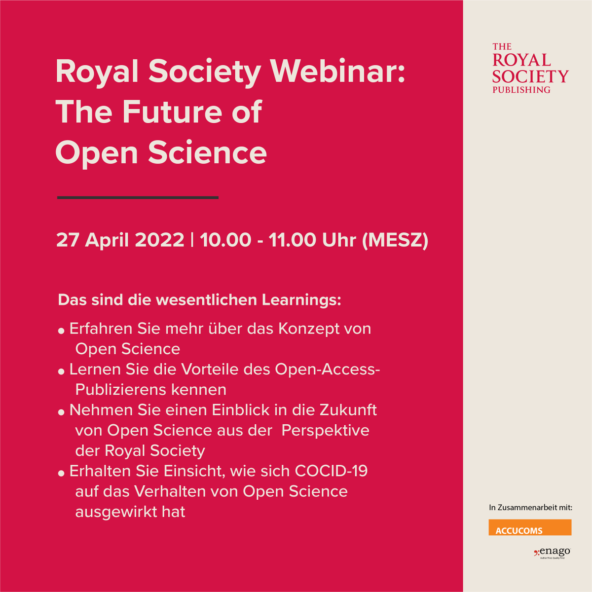 Nur noch zwei Tage bis zum Royal Society Webinar: The Future of Open Science! 

Sind Sie ein #Researcher, der sich für die Zukunft von #OpenScience interessiert? Dann sollten Sie dieses Webinar nicht verpassen!

Hier können Sie sich kostenlos registieren: lnkd.in/dGAe7qiZ