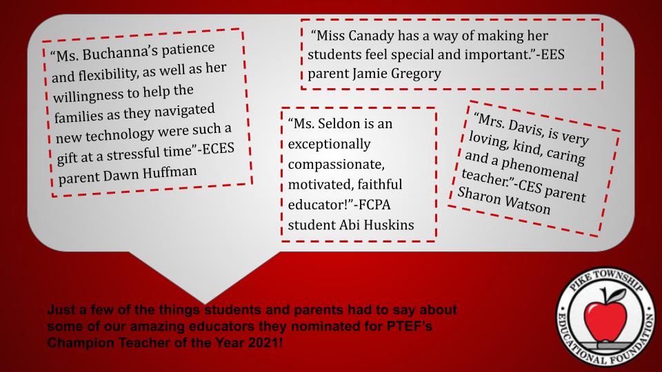 There's still time to nominate your favorite MSD of Pike Township educator for PTEF's Champion Teacher of the Year 2022!  Accepting applications until May 3. See some of what people had to say about their nominees from last year. #pikeproud
pike-ef.org/champion-teach…