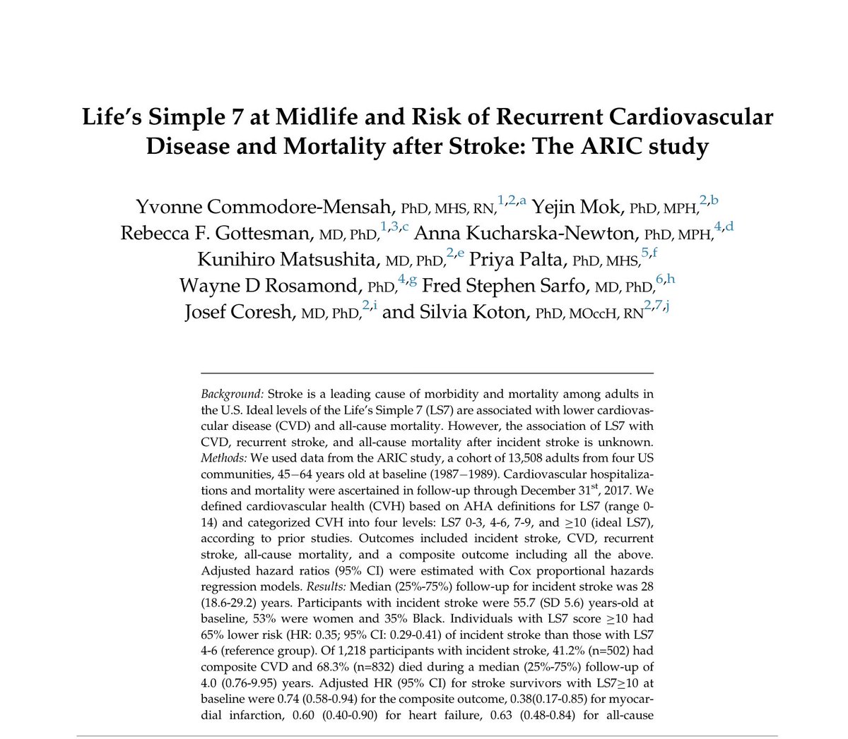 Our new publication in @JSCVD2.Key message: Good cardiovascular health(@AHAScience Life's Simple 7) in midlife is associated with lower risks of incident #stroke and recurrent #cardiovasculardisease after stroke. authors.elsevier.com/a/1eyaS3lH44mK… @JohnsHopkinsEPI @JHUNursing