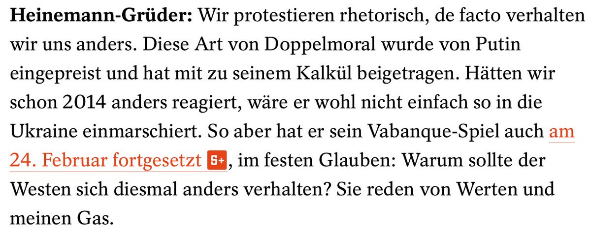 "Sie reden von Werten und meinen Gas." Genau deshalb muss allen voran Deutschland durch Taten beweisen, dass sich Putin irrt. 
Quelle: spiegel.de/geschichte/ukr…