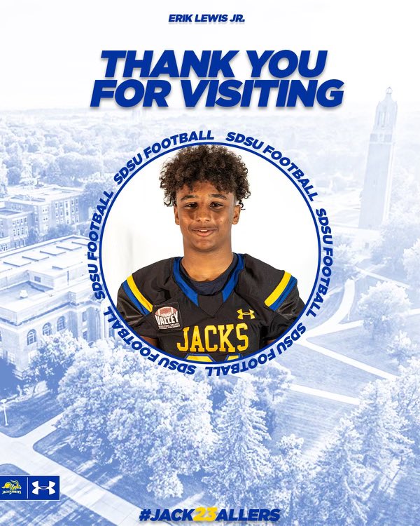 1ErikLewis's tweet photo. Had a great time this weekend @GoJacksFB with some amazing coaches and facilities! Cant wait to be back. 
Thank you @CoachBobbit and @CoachMeyersSDSU for having me! https://t.co/5IW3Jtihip