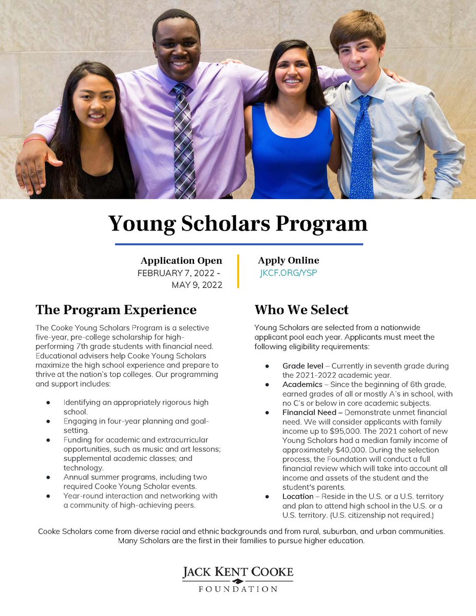 Application deadline for Young Scholars Program is May 9, 2022. 
Who can apply?
➡️Current 7th graders👦👧
➡️Family income up to $95,000. 💰💵
➡️All As ad Bs in core academic subjects📈
<a href="/TheJKCF/">Jack Kent Cooke Foundation</a>