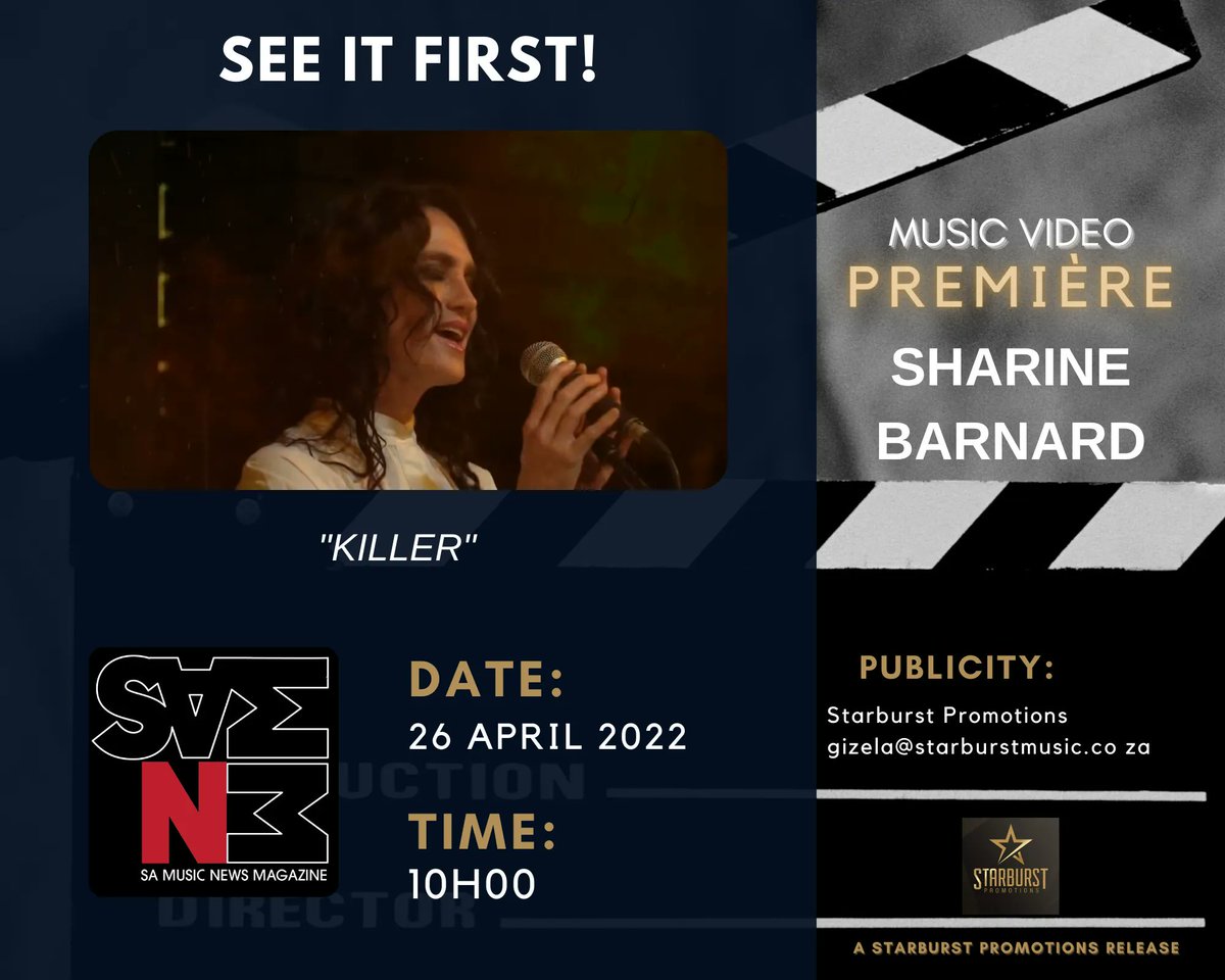 #SeeItFirst !
The exclusive release of @SharineBarnard 's #Killer music video!
Tuesday, 26 April, at 10AM on the @SAMusicNewsMag page!