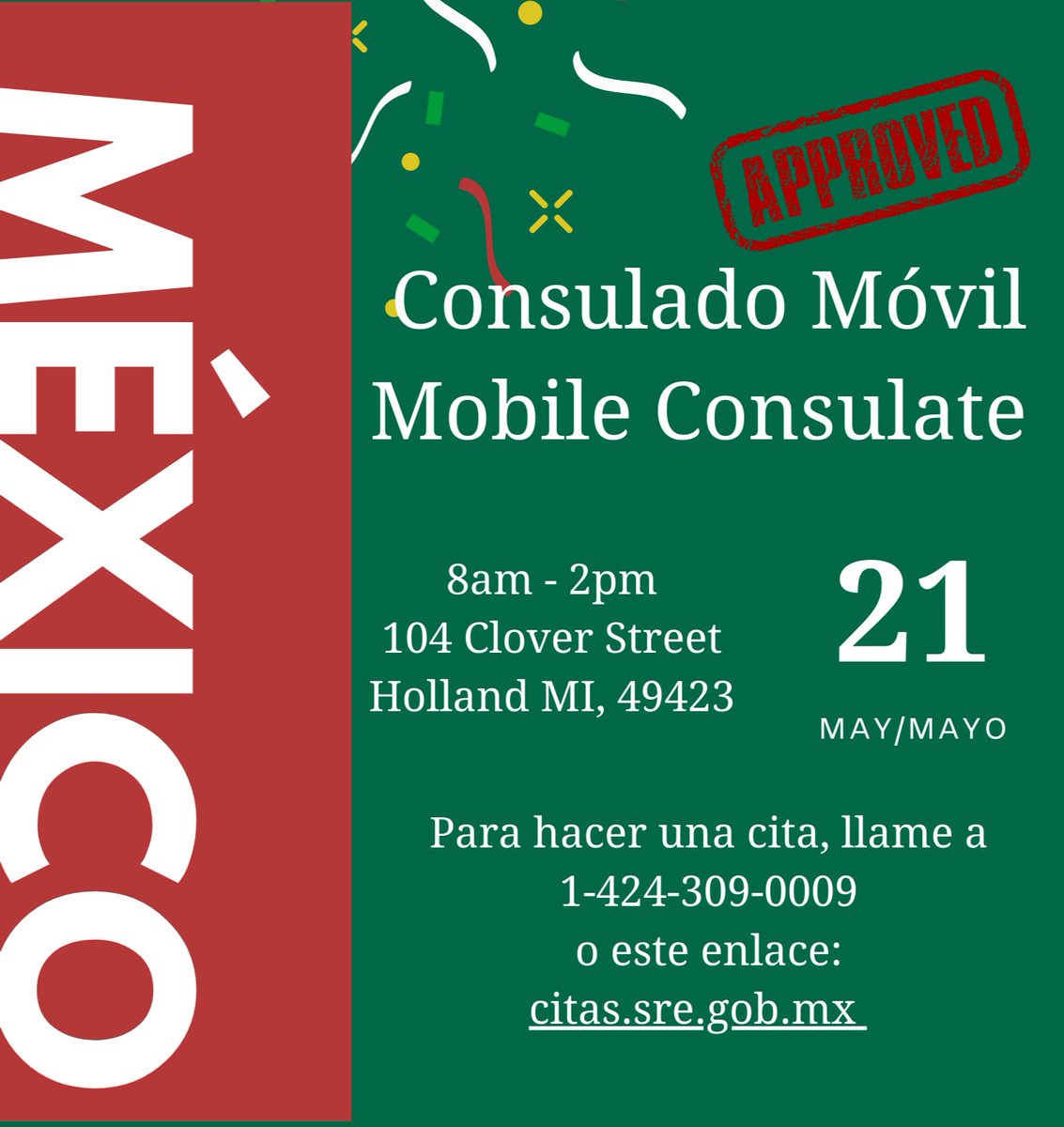 Just a reminder that the Mexican Mobile Consulate will be in Holland on May 21st! Don't wait, sign up using the link in the bio.

¡Un recordatorio de que el consulado móvil mexicano viene a Holland en el dia 21 de mayo! No esperes, utilice el enlace para inscribirse ahora.