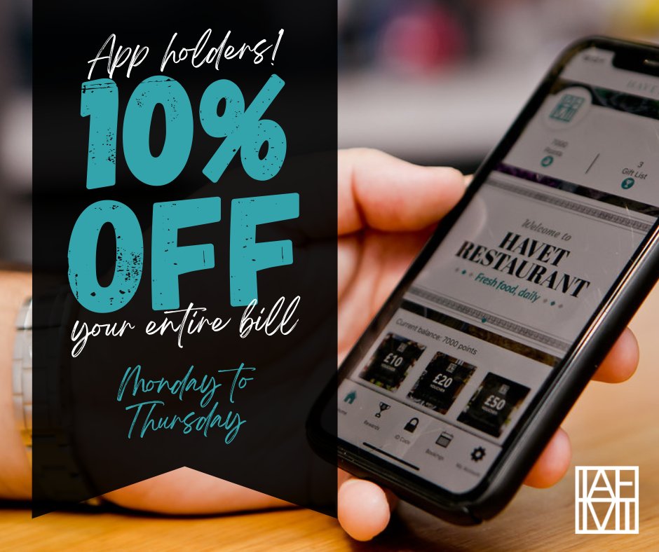 Are you a Havet app holder? Enjoy 10% off your entire bill all day Monday - Thursday.🤩

Not got the app? Sign up now and you'll also receive a free £5 voucher!🙌

#bromley #tonbridge #tunbridgewells