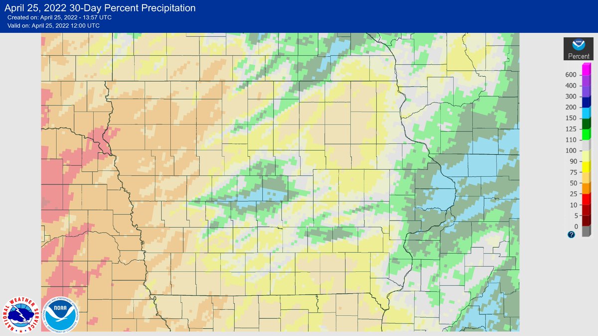 mjanders1's tweet photo. This spring is a little different from the past couple years in central IA. That spot in the middle of the state is 100-200% of normal for the last 30 days while most of the rest of the state is below.

How long until you're in the field? #ISUCrops https://t.co/R3mCAsiStw