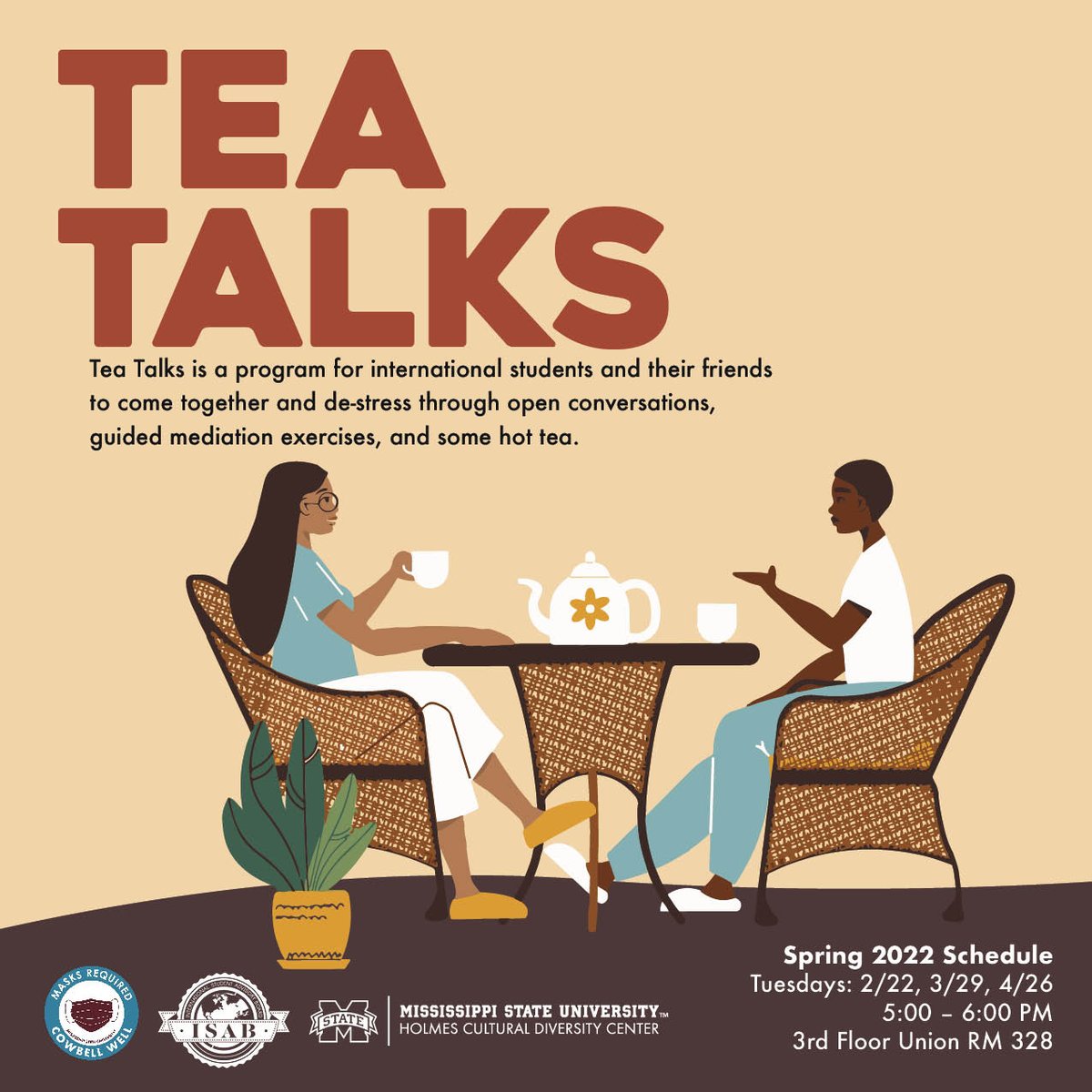 The last Tea Talk of the semester is tomorrow! International students, come by the Union to de-stress through various activities! Catch you there! ☕️