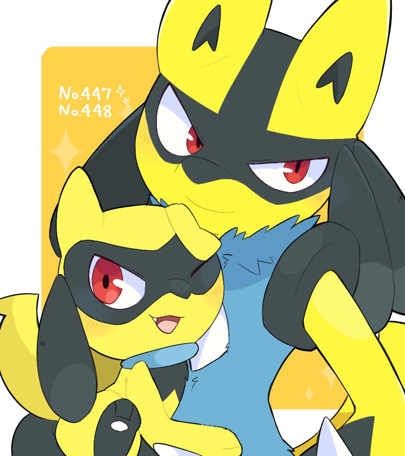 lucario pokemon (creature) smile red eyes open mouth one eye closed closed mouth yellow fur  illustration images