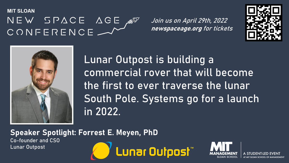 Forrest Meyen, Ph.D, Co-founder/CSO at Lunar Outpost, will be joining us at the #NewSpaceAgeConference! Lunar is developing tech that has Earth + space applications, with a mission towards enabling an extended presence on the lunar surface. Info + tix @ newspaceage.org!