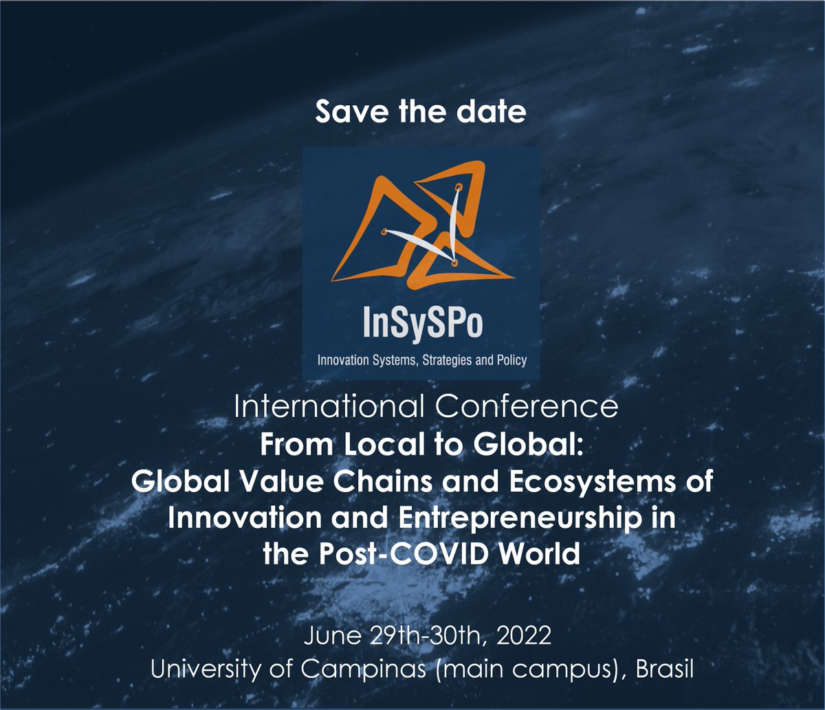 insyspo's tweet photo. SAVE THE DATE

We are excited to announce our International Conference!

Join us from 29 - 30 June to discuss Global Value Chains and Ecosystems of Innovation and Entrepreneurship in the Post-COVID World

Registration will open soon! https://t.co/a1g1ZcNowF