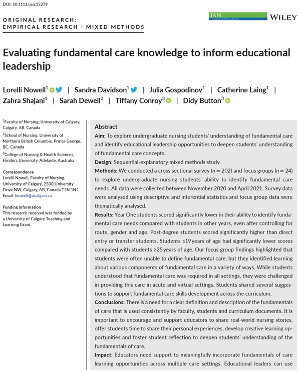 lorelli_nowell's tweet photo. A new paper from @ucalgarynursing about undergraduate #nursing students understanding of fundamental care to inform #educationalleadership 

A #tweetorial about our #nursingresearch, funded by @UCalgary_TI and published in @jadvnursing

Full Paper: https://t.co/Uq982jPdoC

1/8 https://t.co/Y4kR6s1mn4