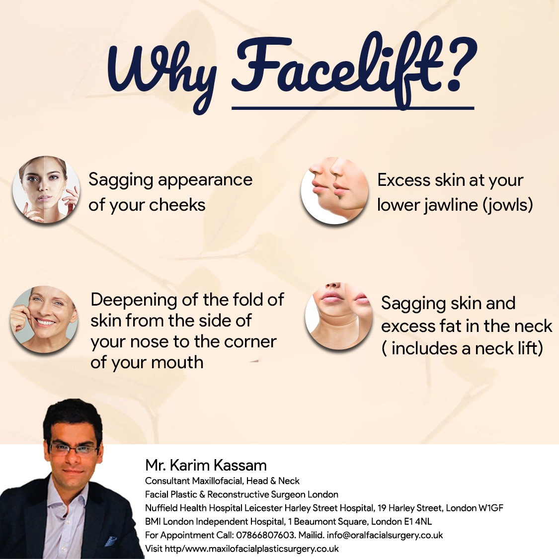 As you get older, the appearance and shape of your face is altered because of normal age-related changes. 

#DrKarimKassam 
#Plasticsurgeon
#facelift #leicester #london