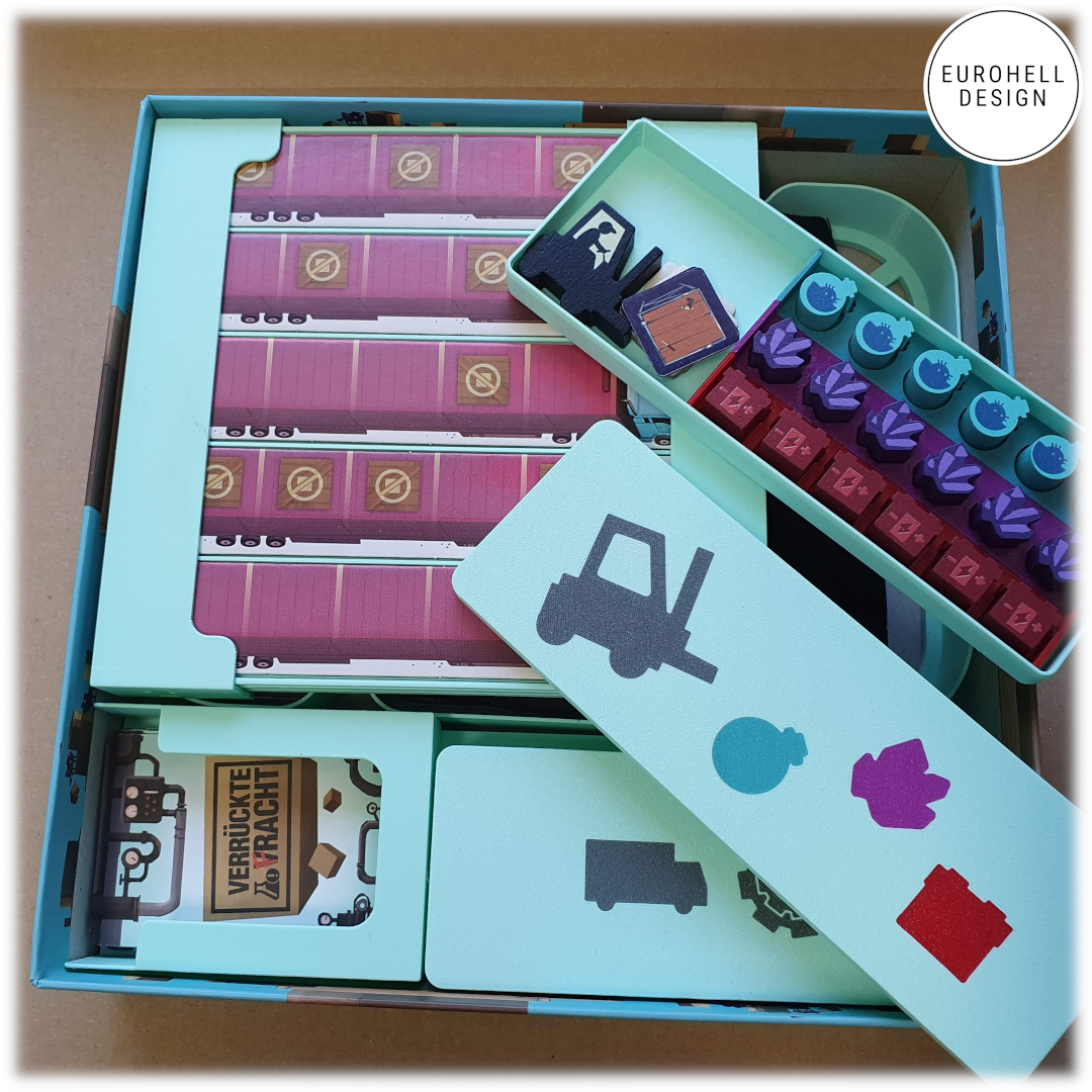 Eurohell_Design's tweet photo. Coming soon! Our Curious Cargo upgrade is now finally presentable 🥳 long we have puzzled to store everything useful in the box. Currently still printing 3D tokens for gears and trucks and then we make photos for the store.

#CuriousCargo @Capstone_Games #boardgames https://t.co/CbZ51KfAcK