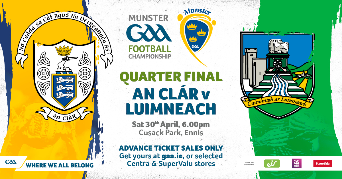 #COMPETITION TIME 

We're giving away THREE  PAIRS of tickets for the Munster Football Championship Quarter Final - Clare V Limerick on Saturday 

For a chance to #win, simply;

1) FOLLOW US
2) RT this post
3) COMMENT who you think will win!

Winner Announced Wednesday....