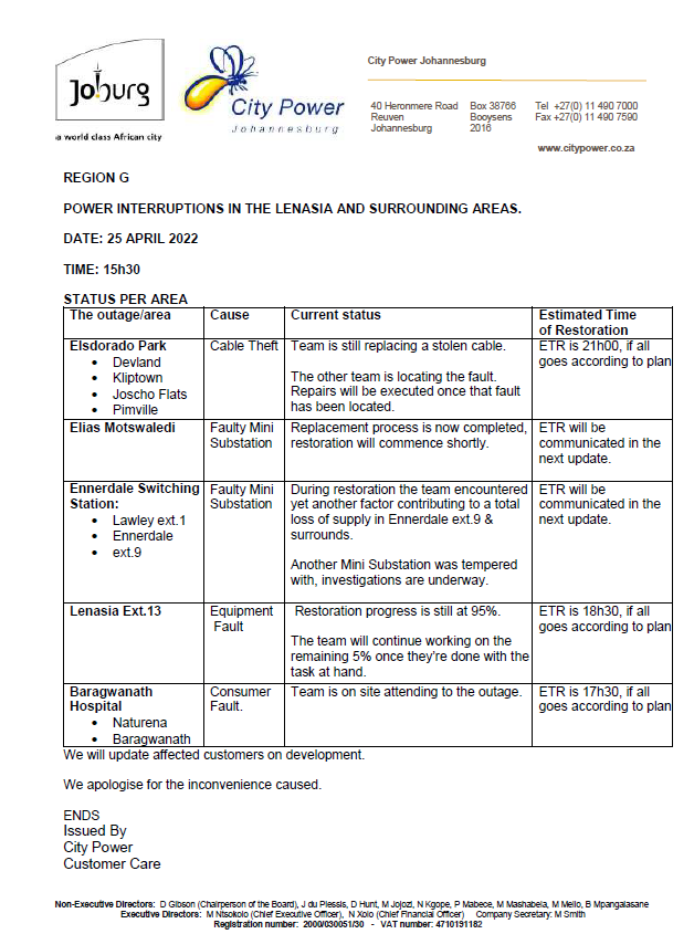 CityPowerJhb's tweet photo. Region G #OutageUpdate 

#Devland #LenasiaExt13 #Lawley #EliasMotswaledi #Baragwanath

City Power apologises profusely for the inconvenience caused by these unplanned power interruptions. ^DR https://t.co/ouJOIBfsMc