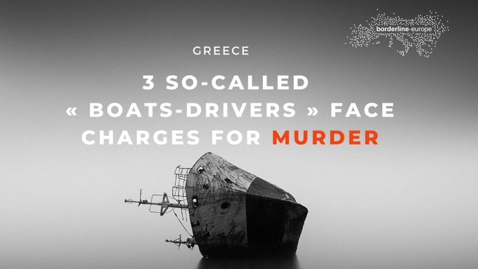 Greece<br>3 so-called<br><br>" Boqts-Drivers" face<br>Charles vor MURDER<br><br>vor einem sw-Foto eines untergehenden Schiffs