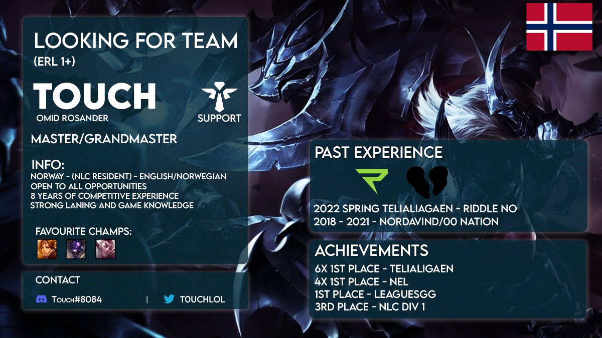 While finishing @telialigaen_ with <a href="/RiddleEsports/">RIDDLE</a>, and after finishing <a href="/NLClol/">Arozzi NLC</a> div 2 with <a href="/LightsideSWE/">Lundqvist Lightside</a>, i've been allowed to explore options for summer split.

LFT as support in ERL/ERL2

Contact: Twitter DMs or discord Touch#8084

Likes and retweets are highly appreciated!