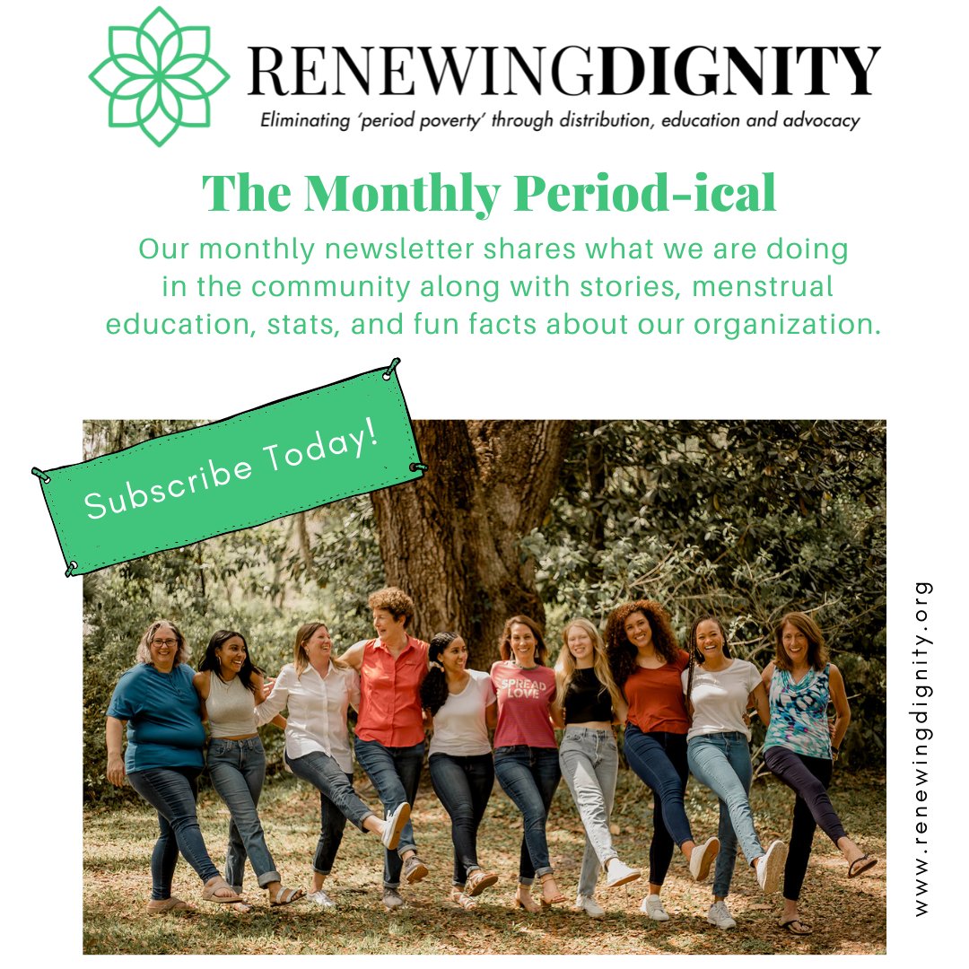 Want to stay informed of #menstrualhealth and #periodequity issues and the work we're doing at #RenewingDignity? Subscribe to our monthly newsletter, 'The Monthly Period-ical' today! Contact us or sign up directly on the website! renewingdignity.org/contact