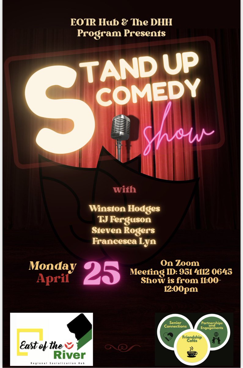 ERFSC (@erfsc) on Twitter photo Please join East of the River Regional Socialization Hub DHH Program (EOTR) this morning as we present a stand up comedy via Zoom for all seniors today, Monday April 25th at 11:00 am.
Please see flyer below for zoom information. Please join East of the River Regional Socialization Hub DHH Program (EOTR) this morning as we present a stand up comedy via Zoom for all seniors today, Monday April 25th at 11:00 am.
Please see flyer below for zoom information.