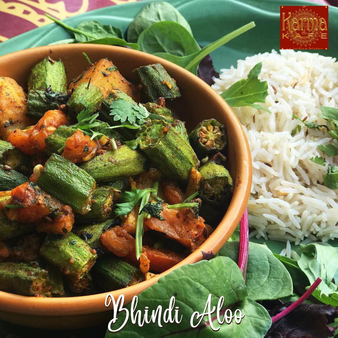 #MeatLessMonday with our home style Bhindi Aloo!!  Sautéed okra &amp; potatoes served with basmati rice and dal. 

For Reservations call: 201.610.0900

#KarmaKafe #HobokenEats #BhindiAloo #Hoboken #IndianFood