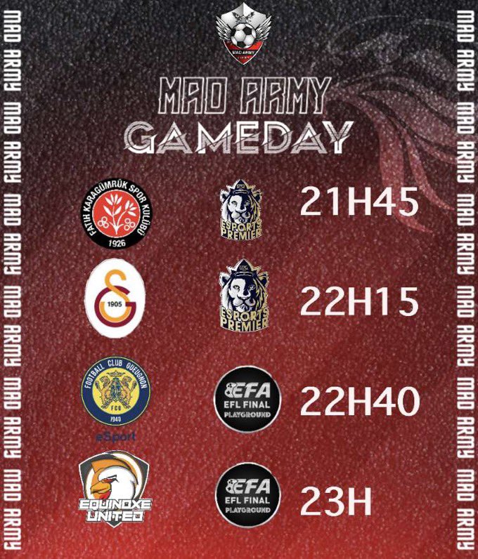 MadArmyFC's tweet photo. Match du jour :

Ce soir l’équipe se frottera en @VPGPremier à @karagumrukespor ainsi qu’à @GSEsports

Elle enchaînera ensuite deux matchs en @eSportFA_FR pour la #EFLfinal contre @Gueugnon_eSport puis @EquinoxeEsport ! 💥 https://t.co/dns7AurnSC
