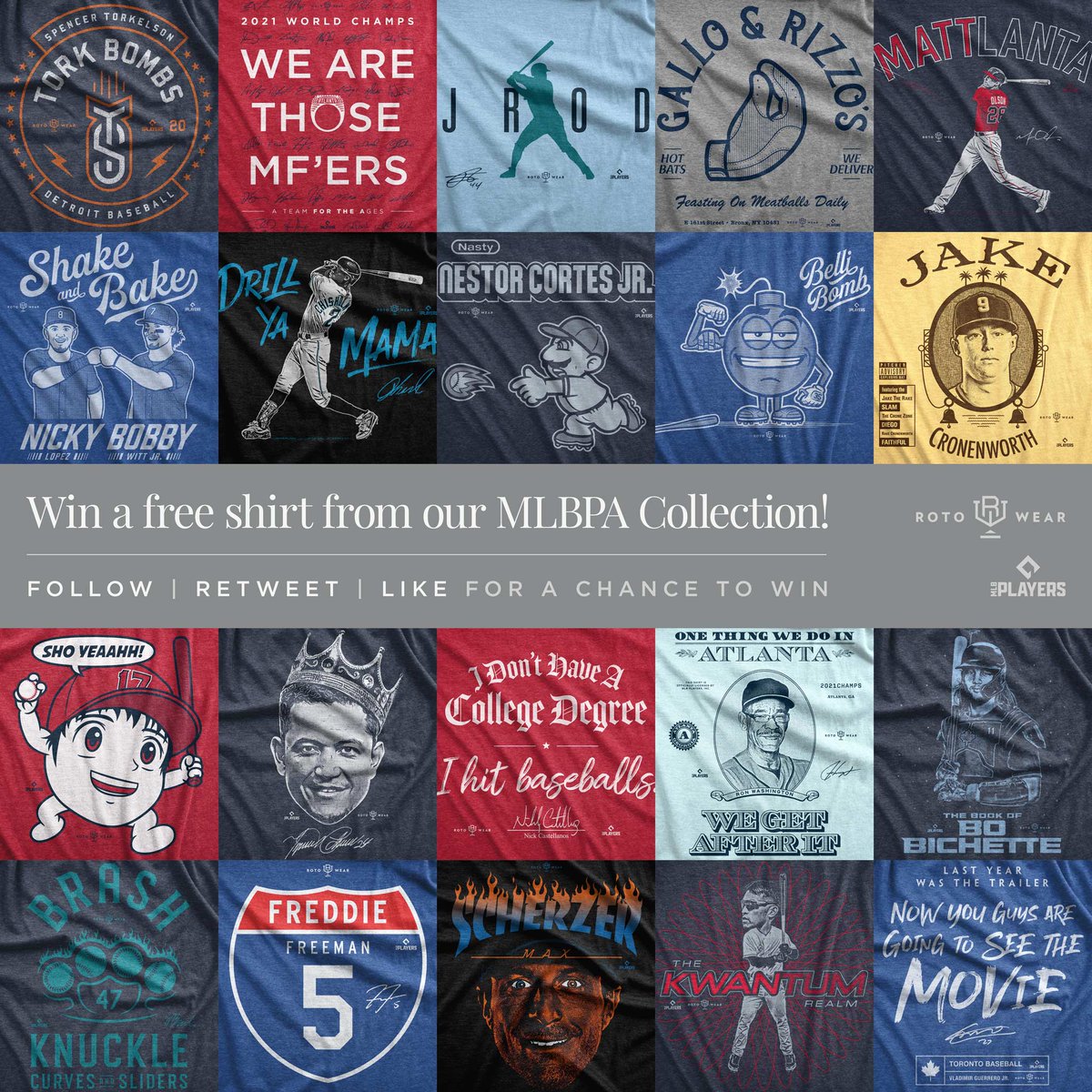 FREE 👕 GIVEAWAY!

✅ FOLLOW
🔄 RETWEET
❤️ LIKE

For a chance to win a free shirt from our MLBPA collection!

rotowear.com/collections/ml…

⏳ Winner announced 5/2