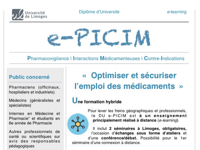 CRPV_Limoges's tweet photo. 🎉 Après deux ans d’absence le DU ePICIM (Pharmacovigilance, Interactions et Contre-Indications médicamenteuses) est de retour. https://t.co/39yJFxJVhM