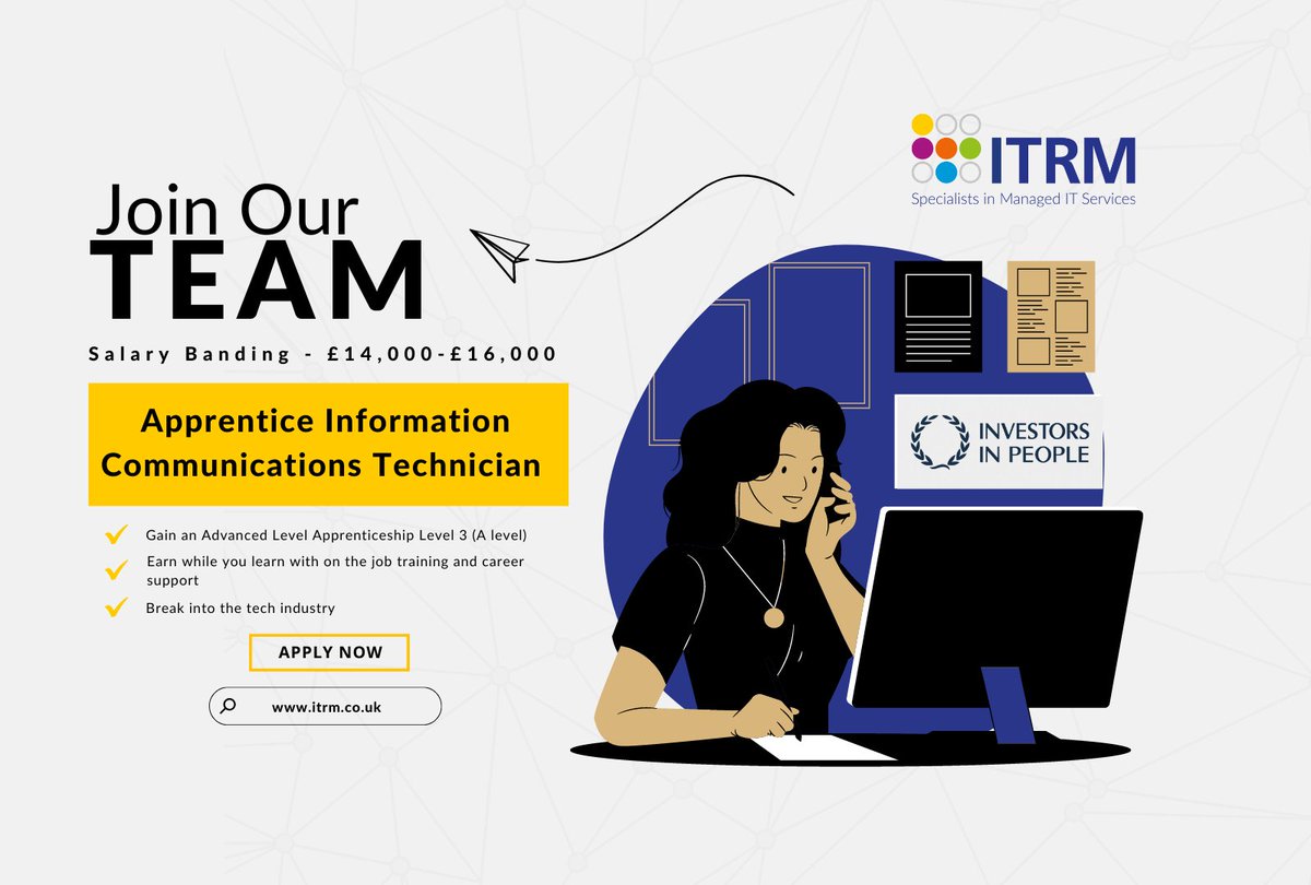itrmltd's tweet photo. Are you looking to break into tech and earn while you learn? Then, you could be perfect for our Information Communications Technician #apprenticeship role. 

Take a look at the job spec to find out more. https://t.co/o2yriXejX4 
#ITopportunities #Techopportunities #ITApprentice https://t.co/3XAa0ag4iy