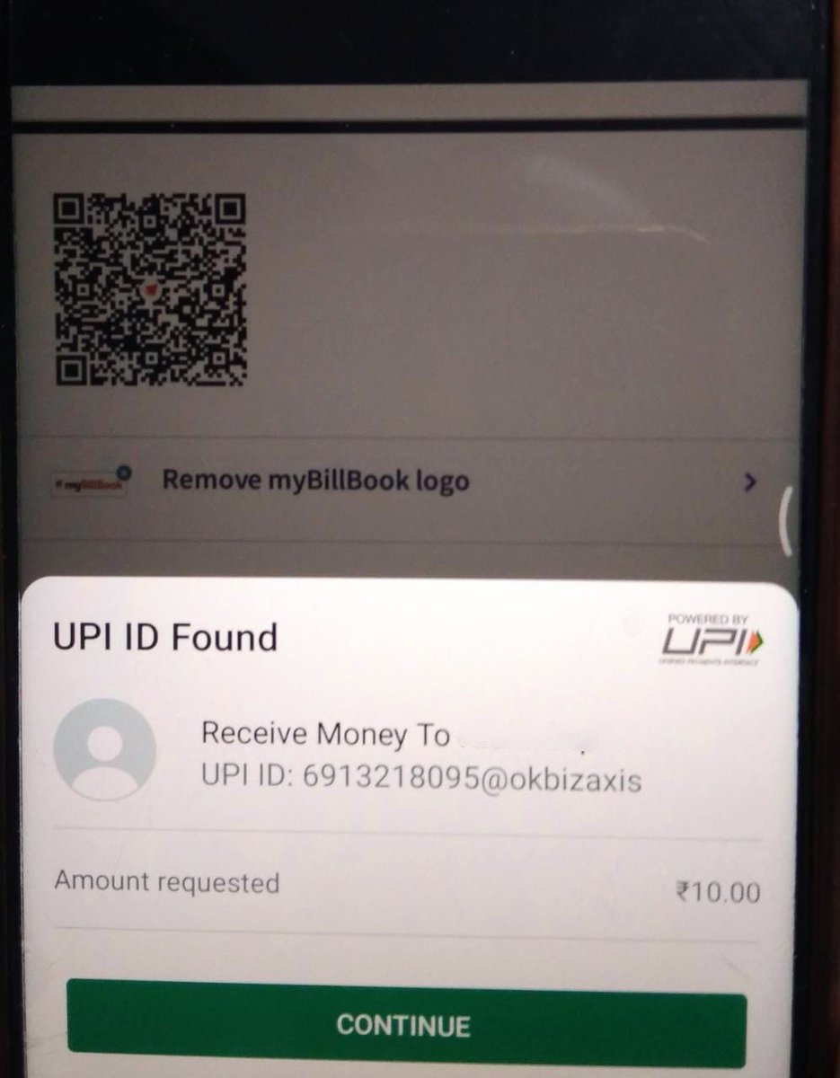 tveettur's tweet photo. @AxisBankSupport @UPI_NPCI a fraudster having "okbizaxis" UPI handle sent a QR Code to send money. But clicking this QR code shows a confusing message. kindly xplain meaning of "Receive money to <my name>" as shown in photo. Is that person sending me money or demanding? https://t.co/xou13rKFTJ