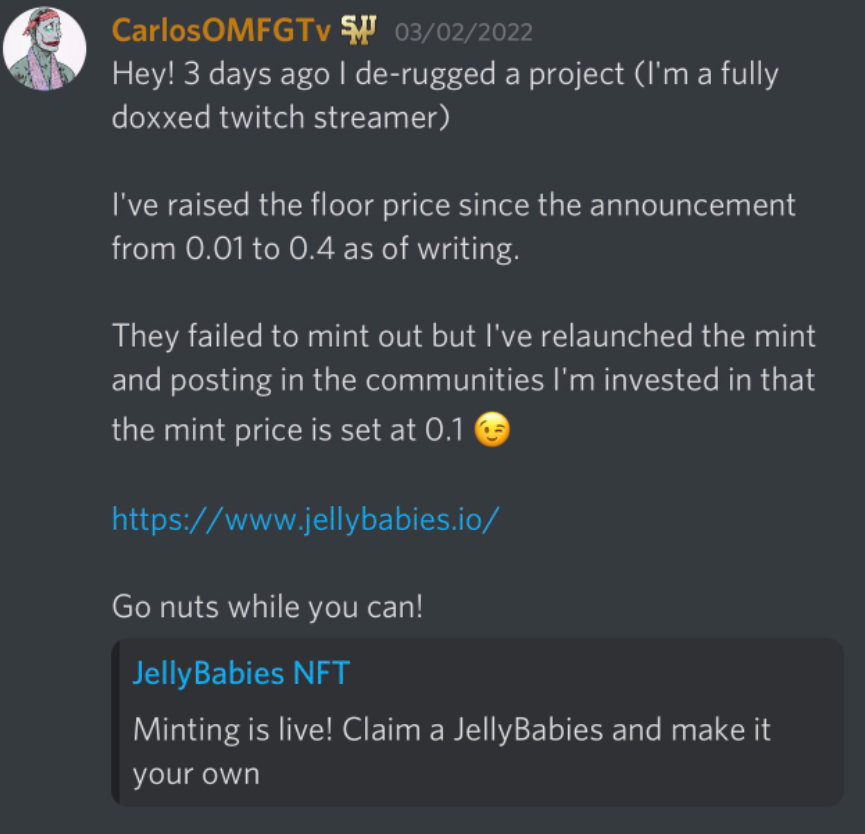 ligma_alpha's tweet photo. De-rug a project with your own capital and do what you say?

Sol alpha
🔥Floor: 0.01 to 7.50 Sol in 5 weeks
🔥Revenue share Gameroom: One free if you own Jellybaby and stake it
🔥Generation 1.5 JellyBaby and art by top artist

@JellyBabiesNFT 
Run, don't walk

#SolanaNFT #NFTs https://t.co/BzgDfH50zc