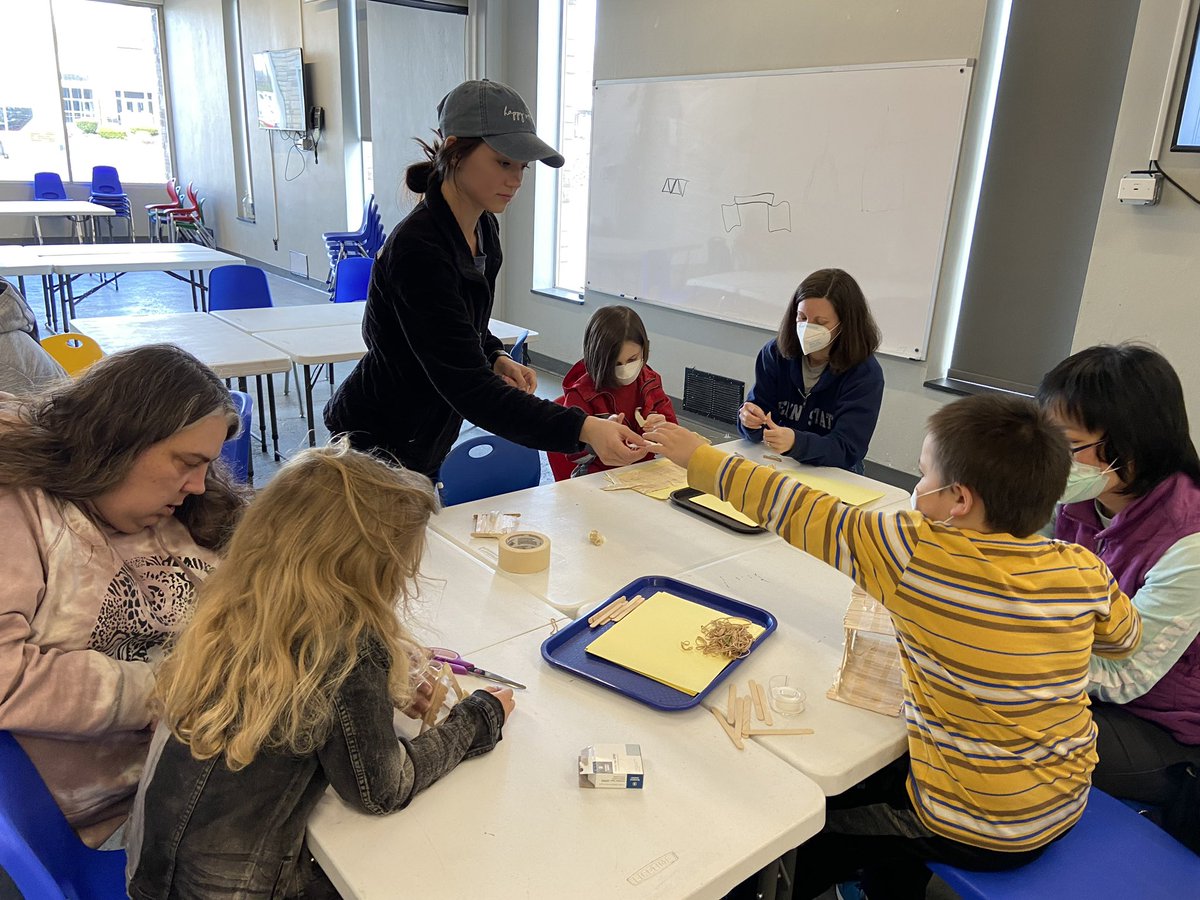 pennstateTESLA's tweet photo. Interns Madison &amp; Sophia with future engineers at our Bridge Building workshop on Friday! great job everyone!! 🌉 #TESLA #workshop #discoveryspace https://t.co/87EygCnZHm