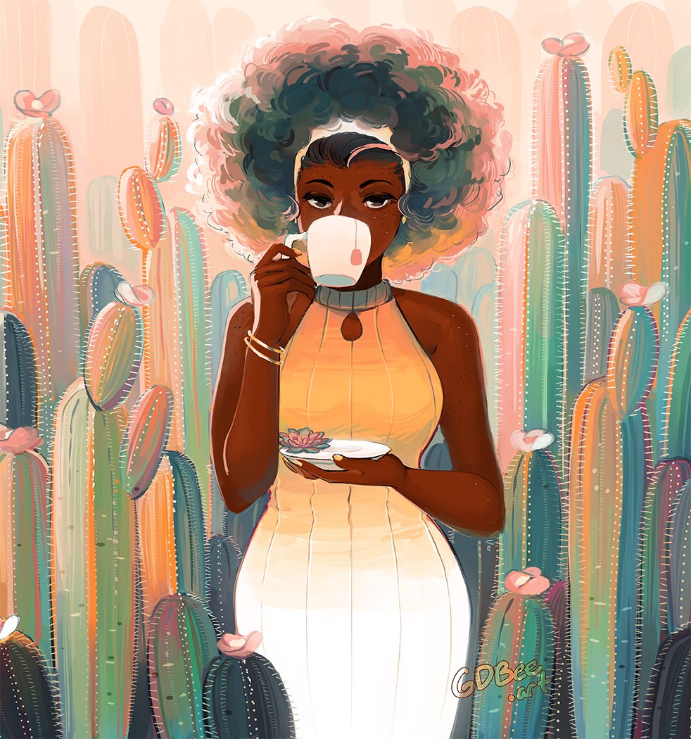 1girl dark skin dark-skinned female solo cup artist name afro  illustration images