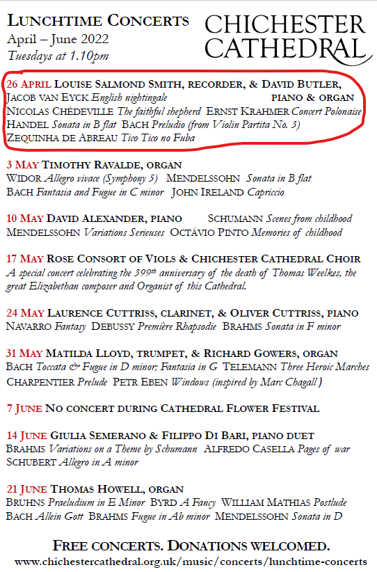timravalde's tweet photo. Lunchtime concerts @ChiCathedral resume tomorrow with Louise Salmond Smith, various recorders, and David Butler, various keyboards. All welcome: no booking, free entry, retiring collection. https://t.co/yP7i1x19mj https://t.co/nVenJLIU5e