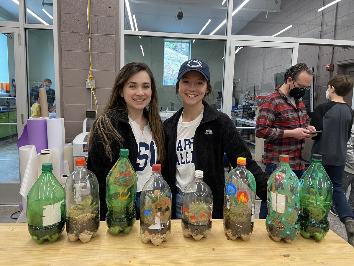 pennstateTESLA's tweet photo. Madison &amp; Sophia also hosted a station at The Rivet this Saturday, making terrariums out of recycled materials! 🌱 #TESLA #therivet  #discoveryspace https://t.co/4TN2V0pMm5