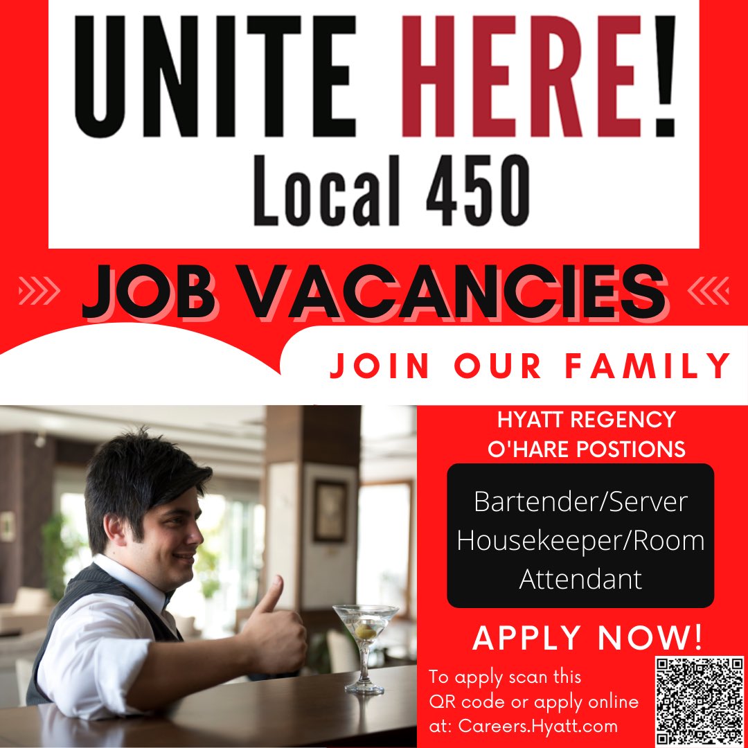 Join our #Union Family today!

Complete your application online at careers.hyatt.com and searching “Hyatt Regency O’Hare Chicago.”  Contact us if you have any referrals or questions! 708-771-8700